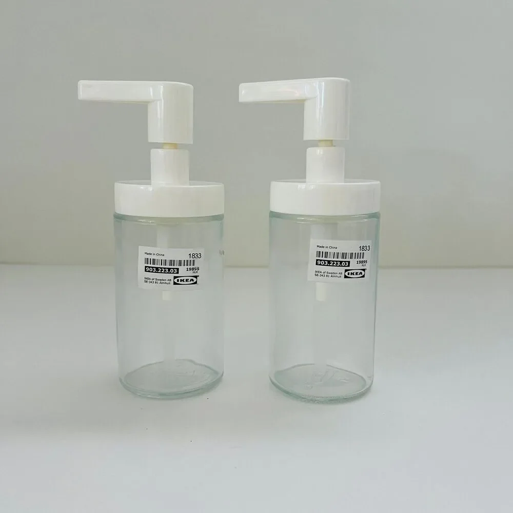 IKEA TACKAN Glass Soap Dispenser White Plastic Pump, Set of 2